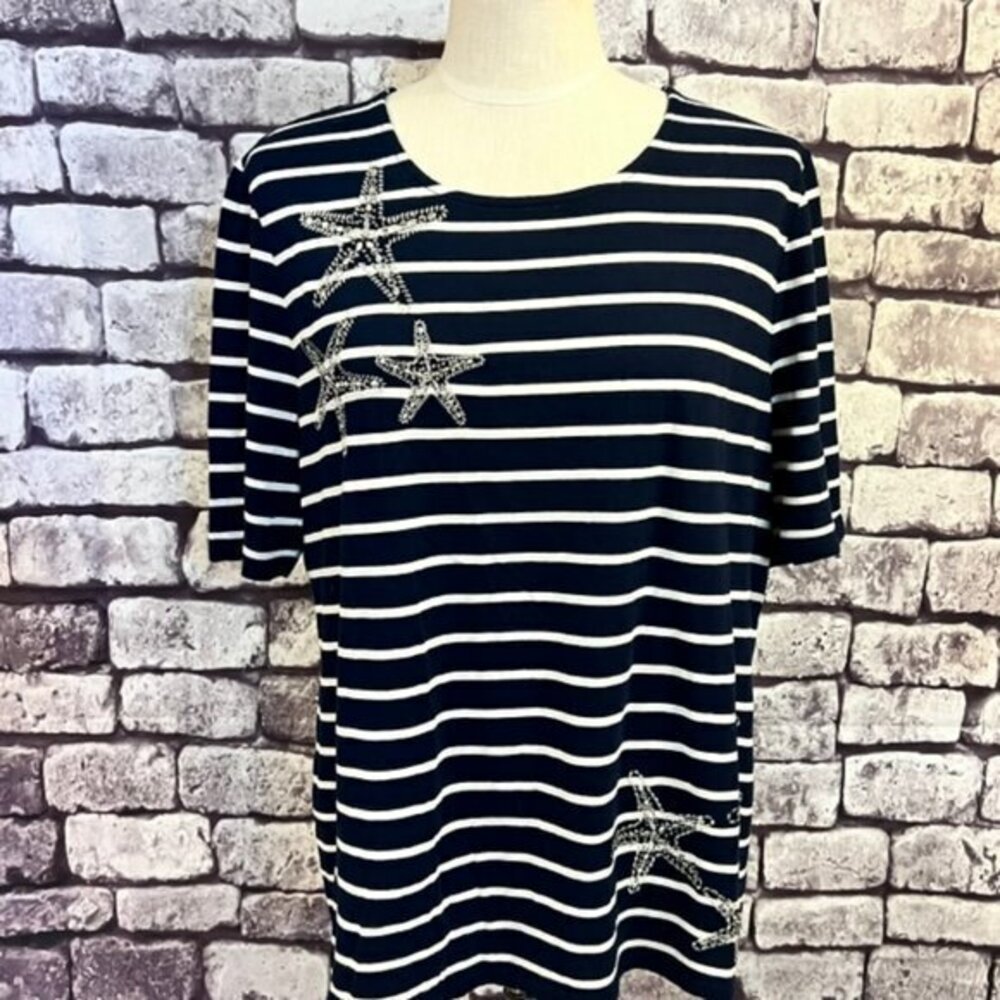 Chico's Navy, White & Silver Short Sleeve Top Size XL